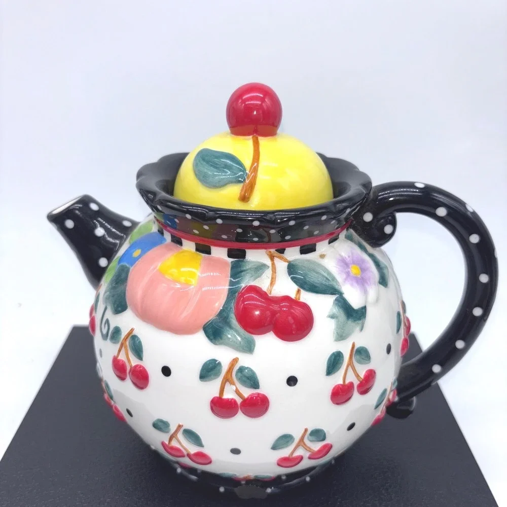 Brownlow Mary Engelbreit Cherry Floral Polka Dot Cottagecore Ceramic‎ Teapot